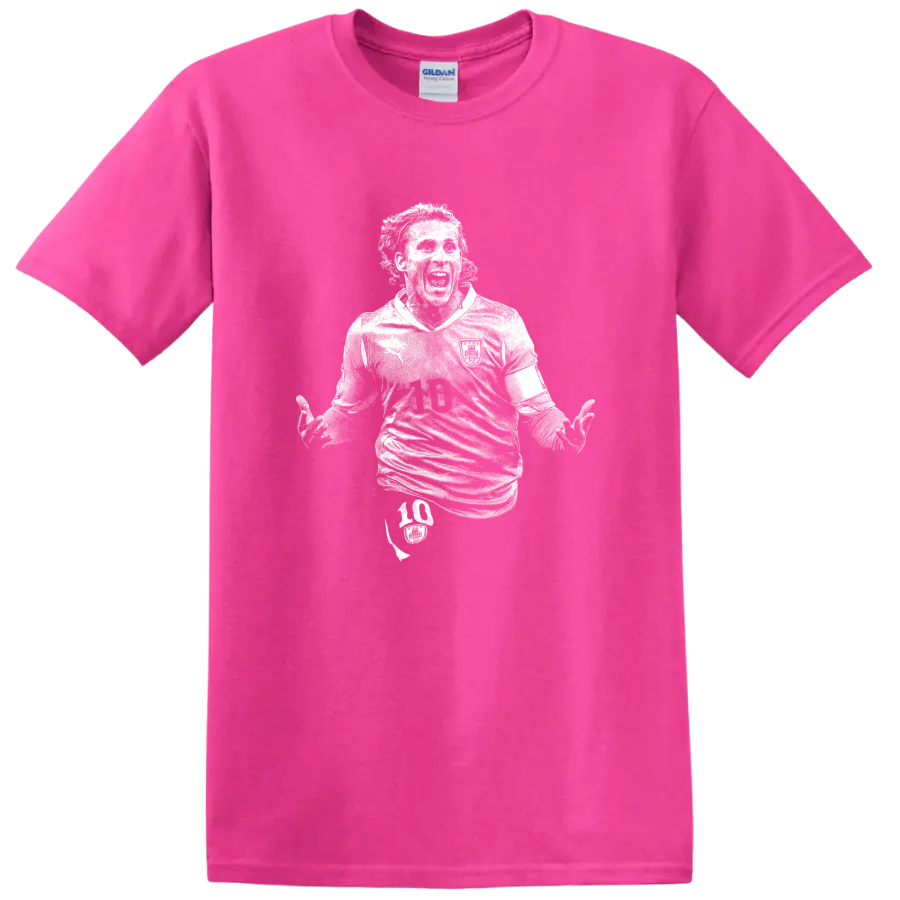 Retro soccer portrait silhouette inspired by Diego Forlán T - Safety Pink