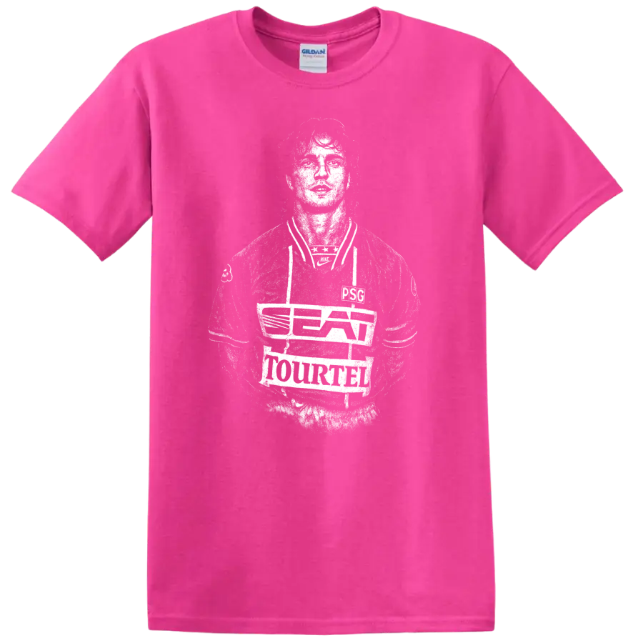 Retro soccer portrait style graphic inspired by David Ginola T - Safety Pink