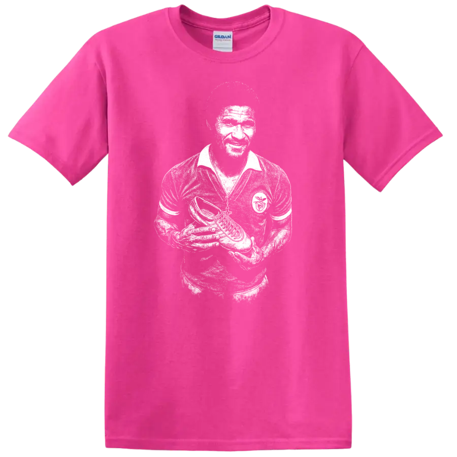Retro black and white portrait of Eusébio da Silva Ferreira on T - Safety Pink