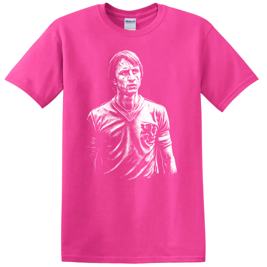 Black and white retro soccer portrait graphic T shirt inspired by Johan - Safety Pink