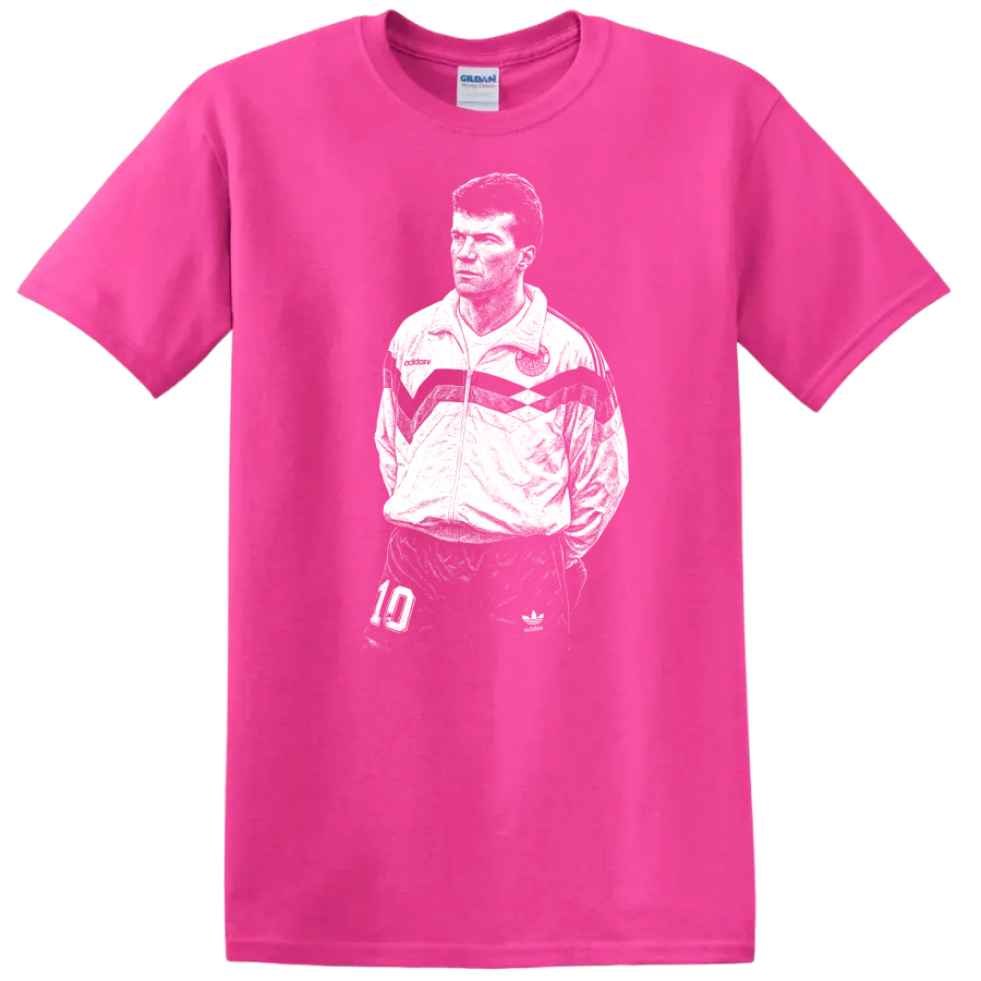 Retro soccer legend portrait graphic T Shirt inspired by Matthias - Safety Pink