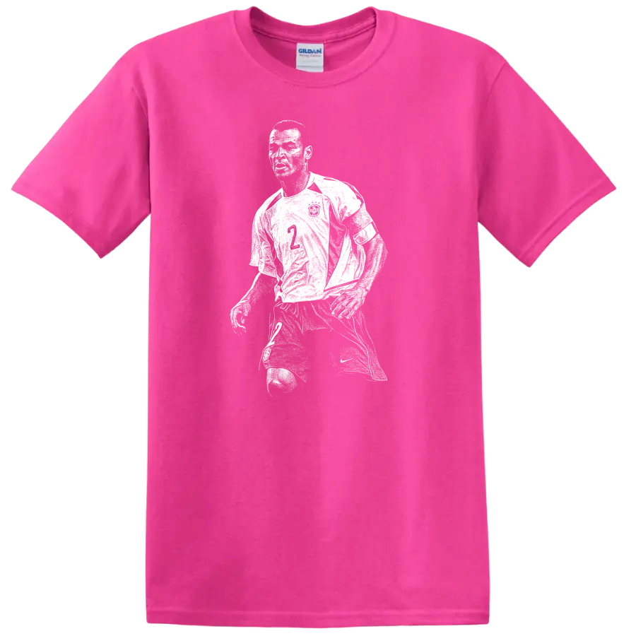 Retro pixel-style Ronaldo Nazário soccer portrait on black T - Safety Pink