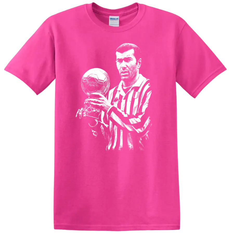Black and white retro soccer portrait of Zinedine Zidane style T - Safety Pink