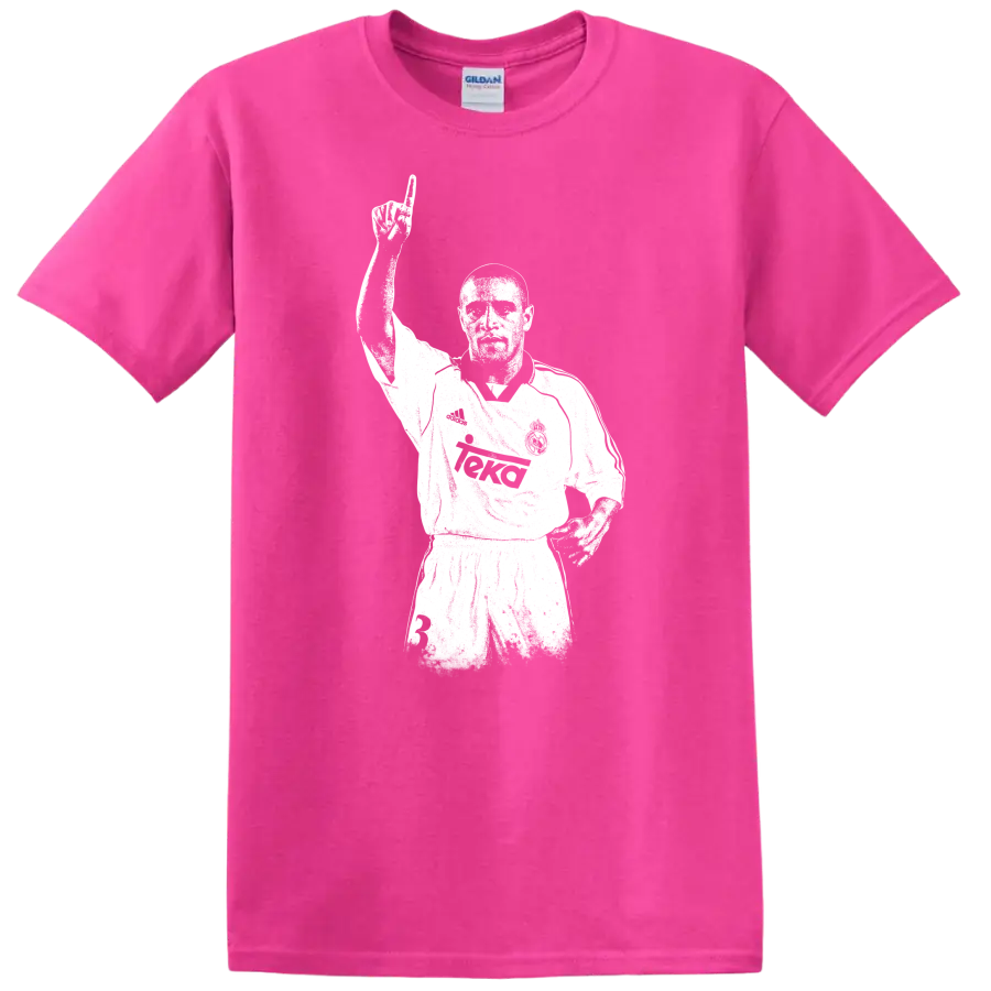 Retro soccer legend portrait of Roberto Carlos in vintage style T - Safety Pink