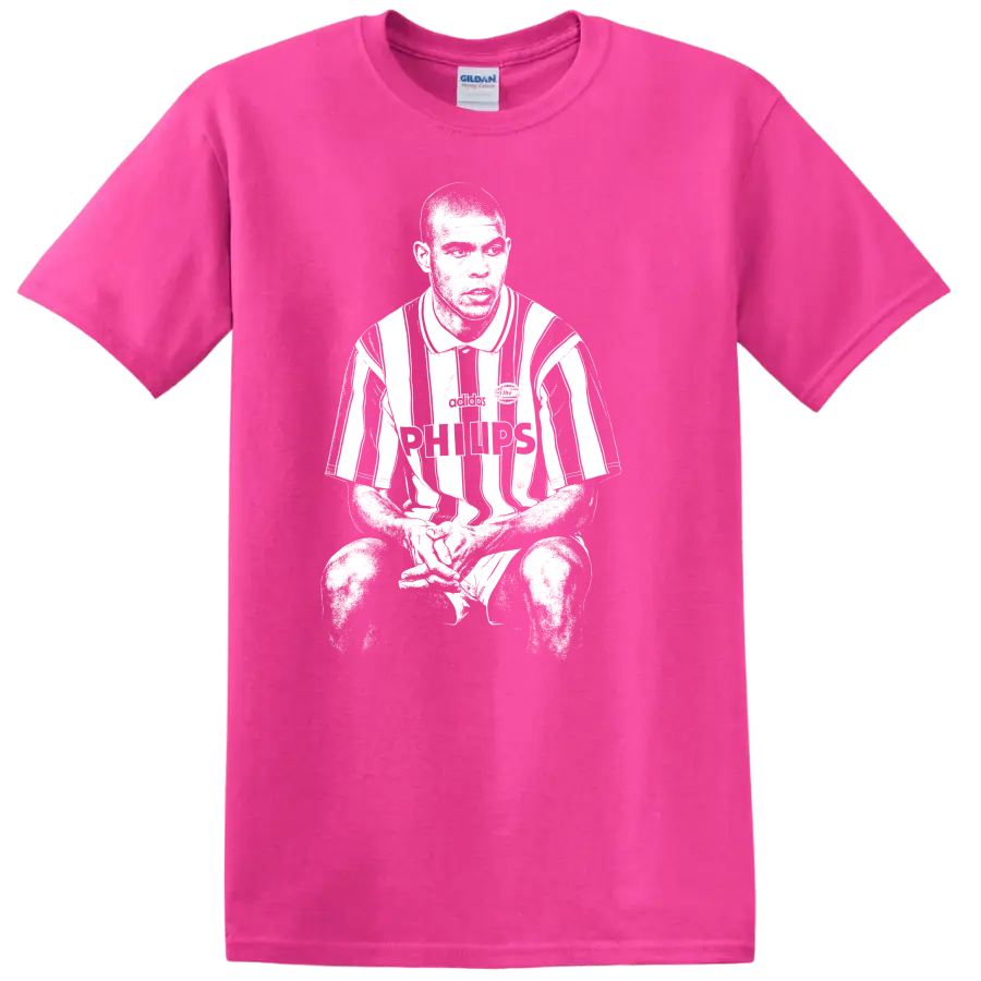 Black and white retro soccer portrait of Ronaldo Nazário style graphic T - Safety Pink