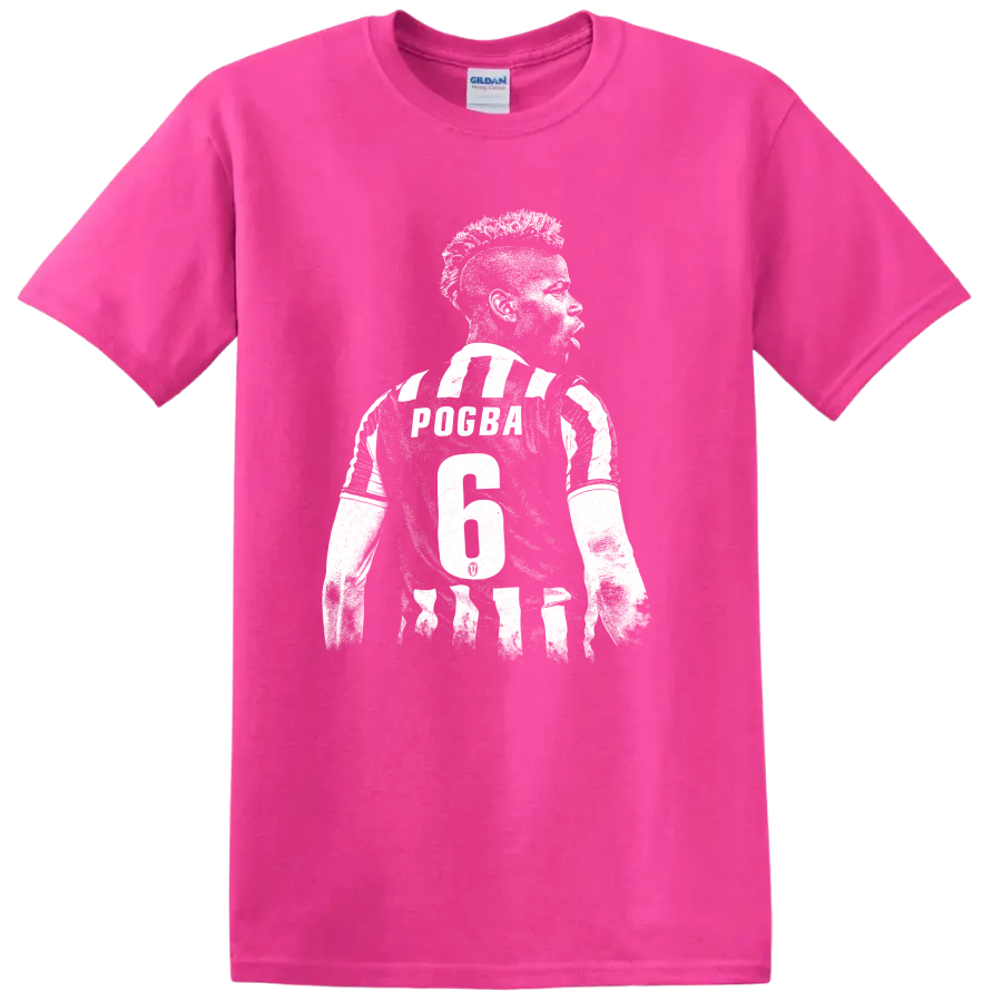 Black and white retro soccer portrait graphic inspired by Paul Pogba T - Safety Pink