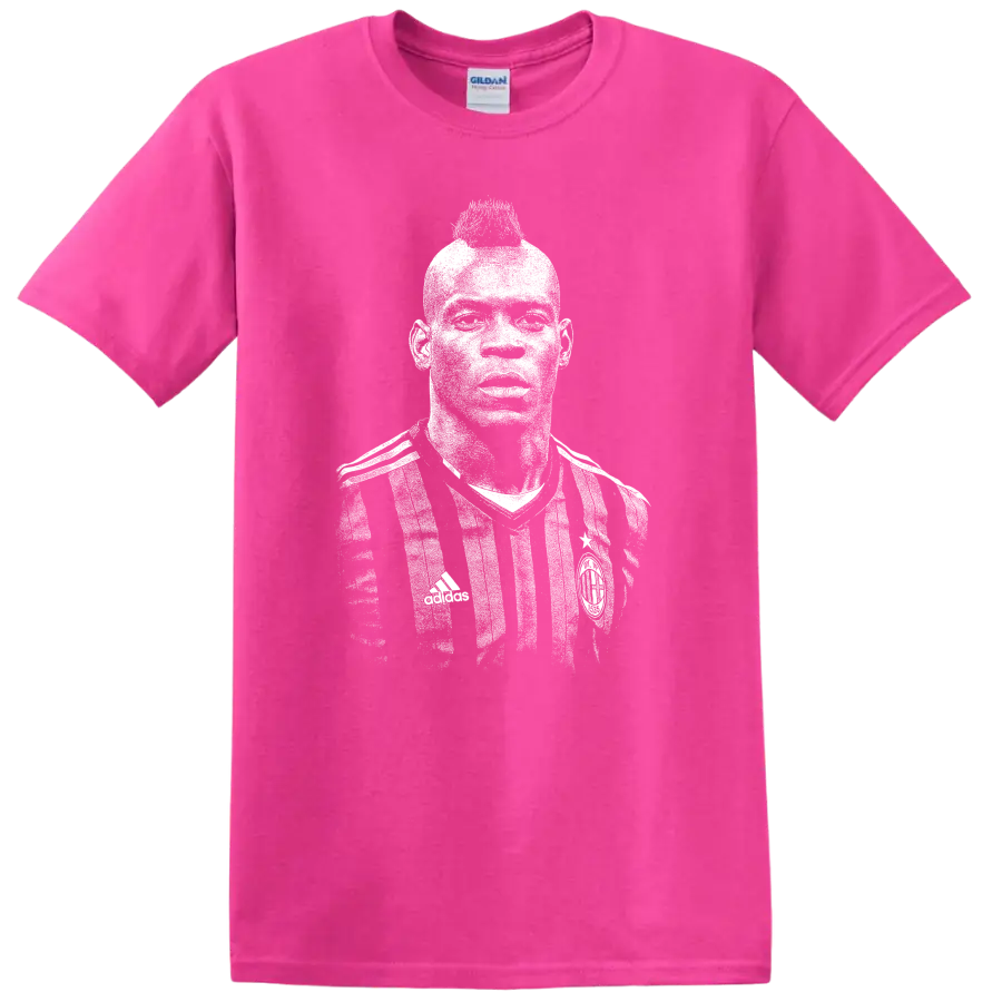 Retro soccer player portrait graphic inspired by Mario Balotelli on a T - Safety Pink