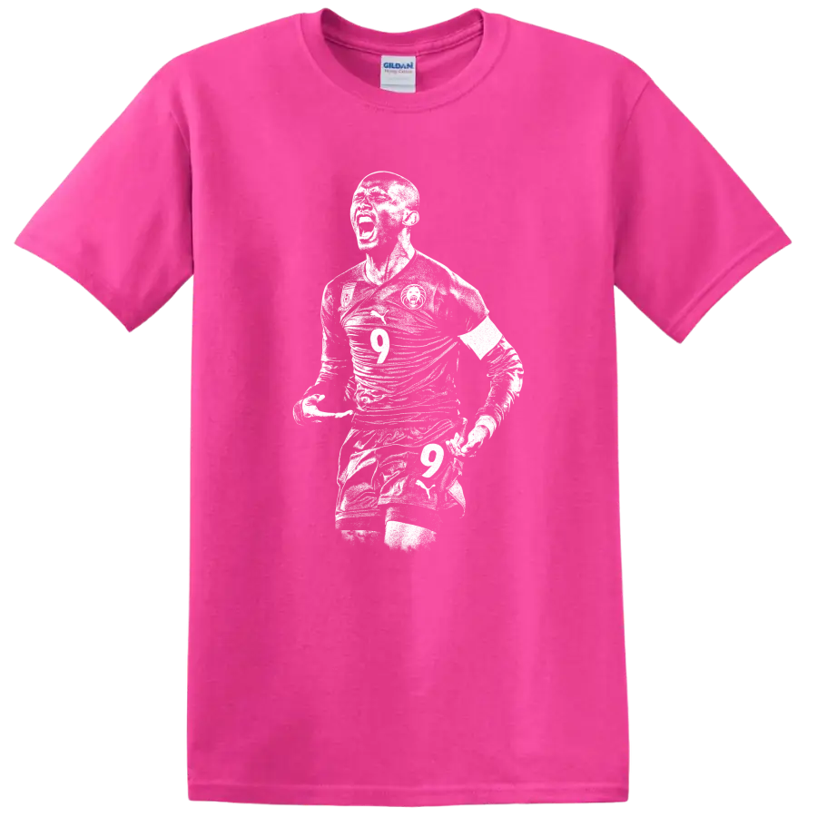 Black and white retro soccer player portrait graphic T - Safety Pink