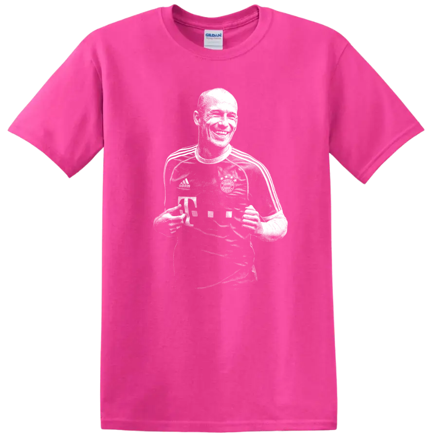 Black and white retro soccer portrait of Arjen Robben on a T - Safety Pink
