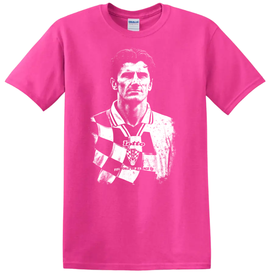 High-contrast retro soccer portrait of Davor Šuker graphic T - Safety Pink
