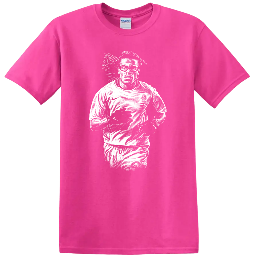 High-contrast retro soccer portrait of Edgar Davids inspired legend style T - Safety Pink