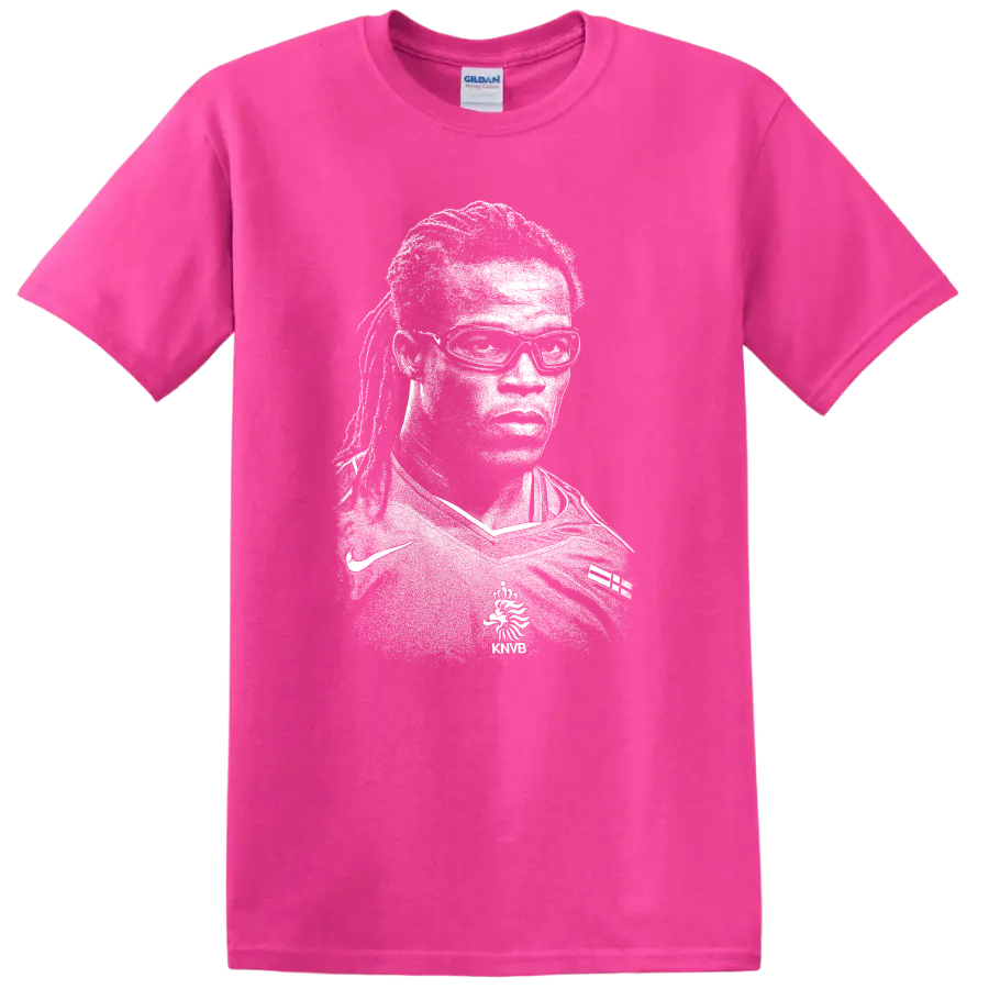 Black and white retro soccer player portrait T - Safety Pink