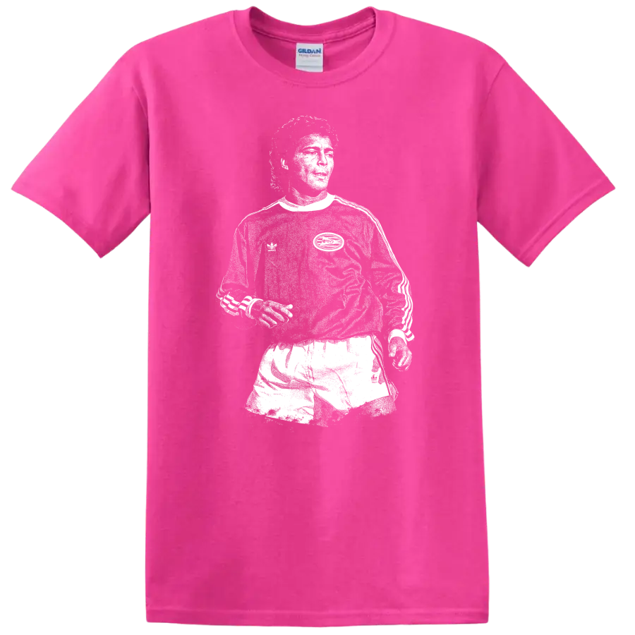 Retro soccer legend portrait of Romário in high-contrast black and white T Shirt - Safety Pink