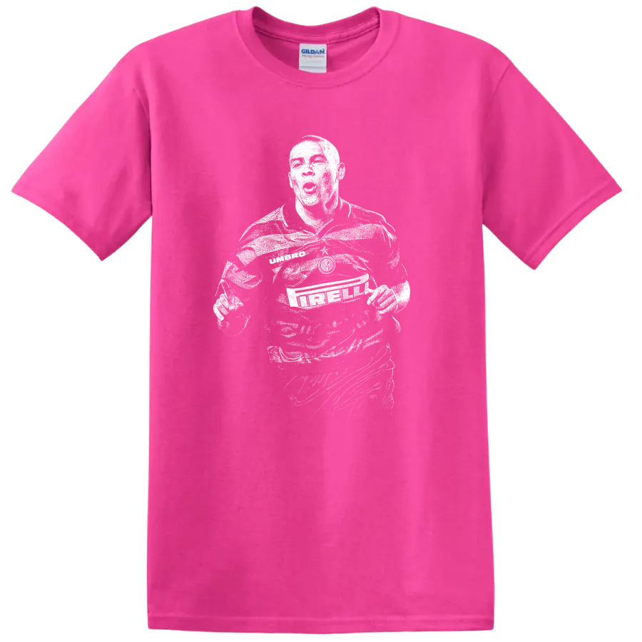 Retro soccer legend portrait of Ronaldo Nazário style graphic T - Safety Pink
