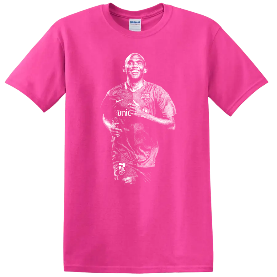 Retro soccer portrait style of Samuel Eto'o on a black T - Safety Pink