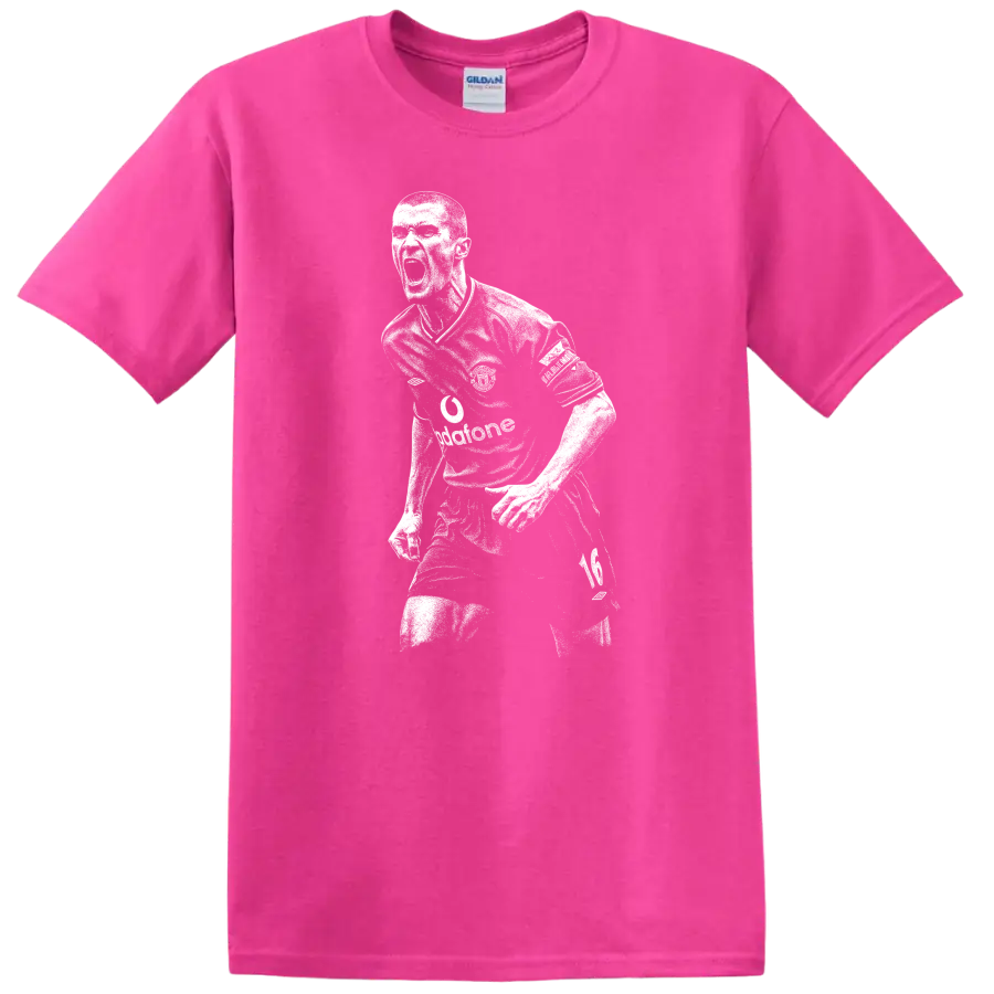 High-contrast retro soccer portrait of Roy Keane style T-shirt - Safety Pink