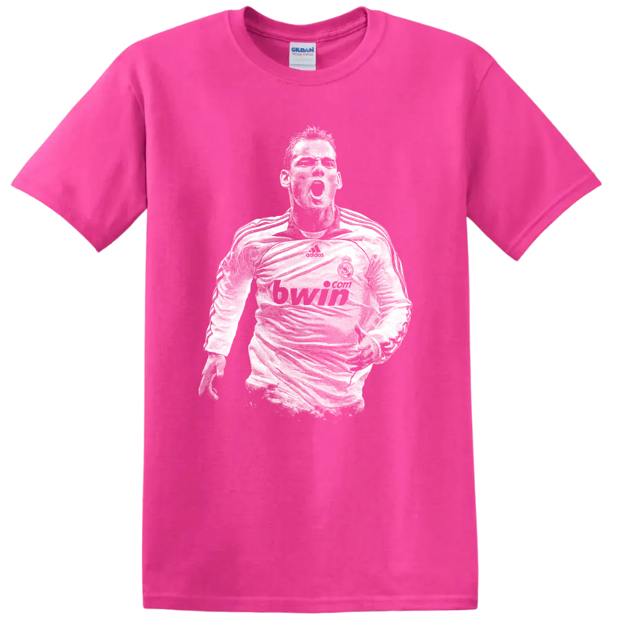 Retro pixel-style Cristiano Ronaldo portrait T shirt - Safety Pink