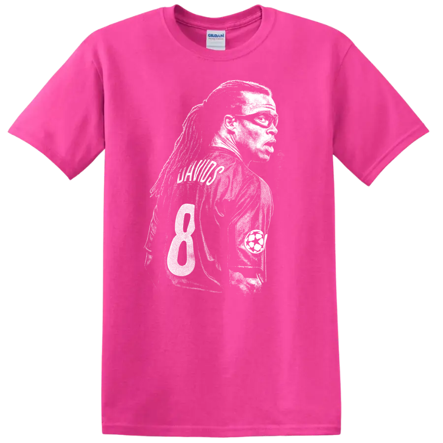 Black and white retro soccer player portrait design T - Safety Pink