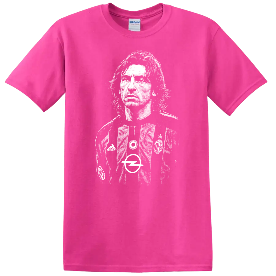 High-contrast retro Andrea Pirlo soccer portrait T Shirt - Safety Pink