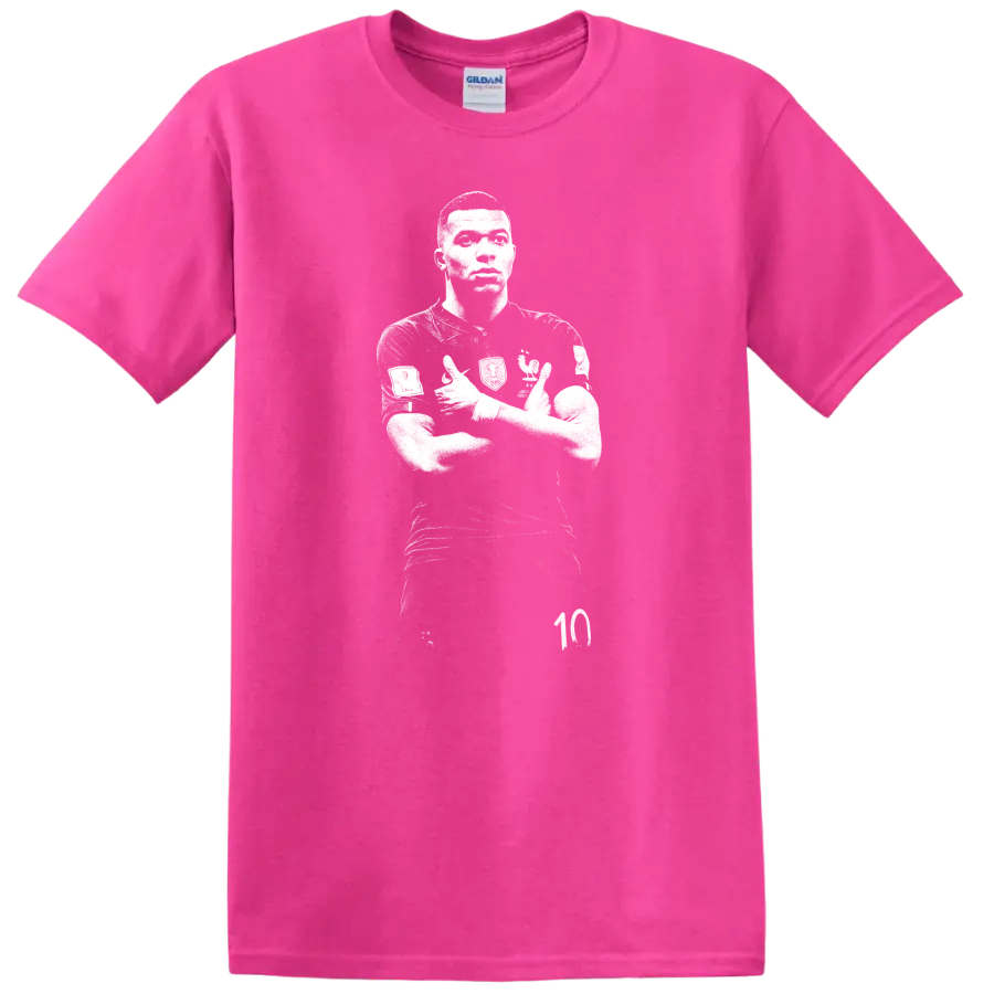 Retro soccer portrait style design inspired by Kylian Mbappé on a T - Safety Pink