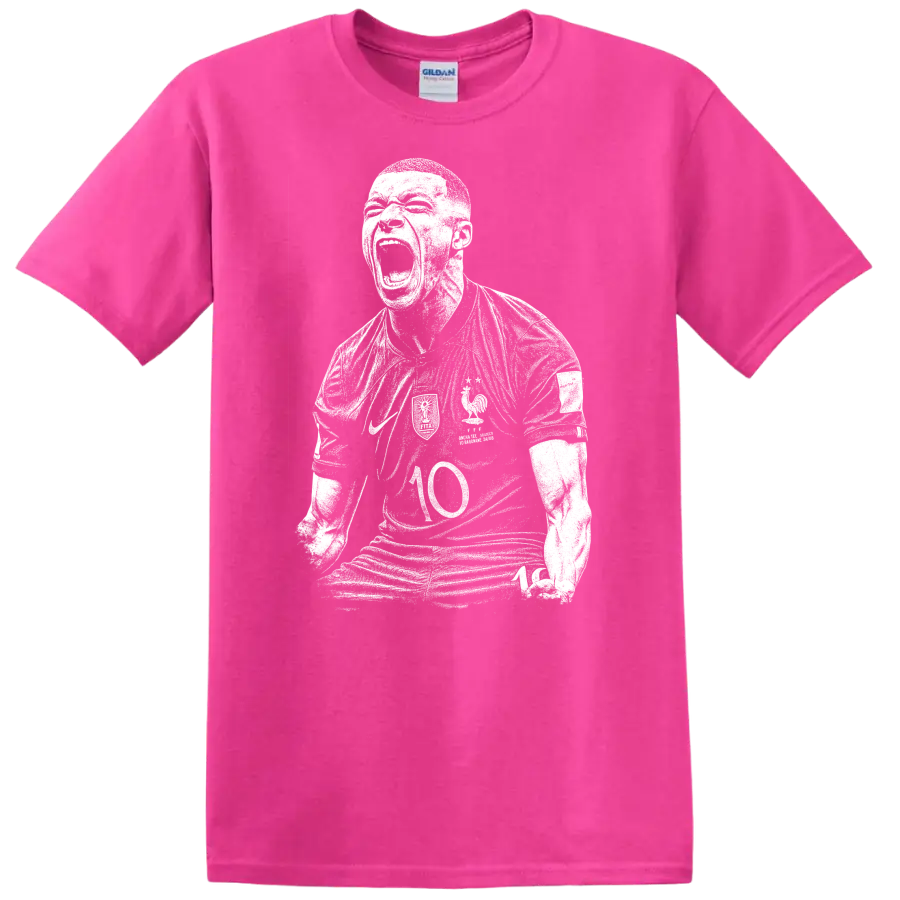 Black and white retro soccer portrait style Kylian Mbappe T Shirt - Safety Pink