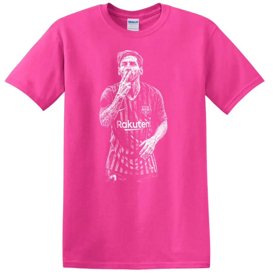 Black and white retro soccer player portrait legend style T - Safety Pink
