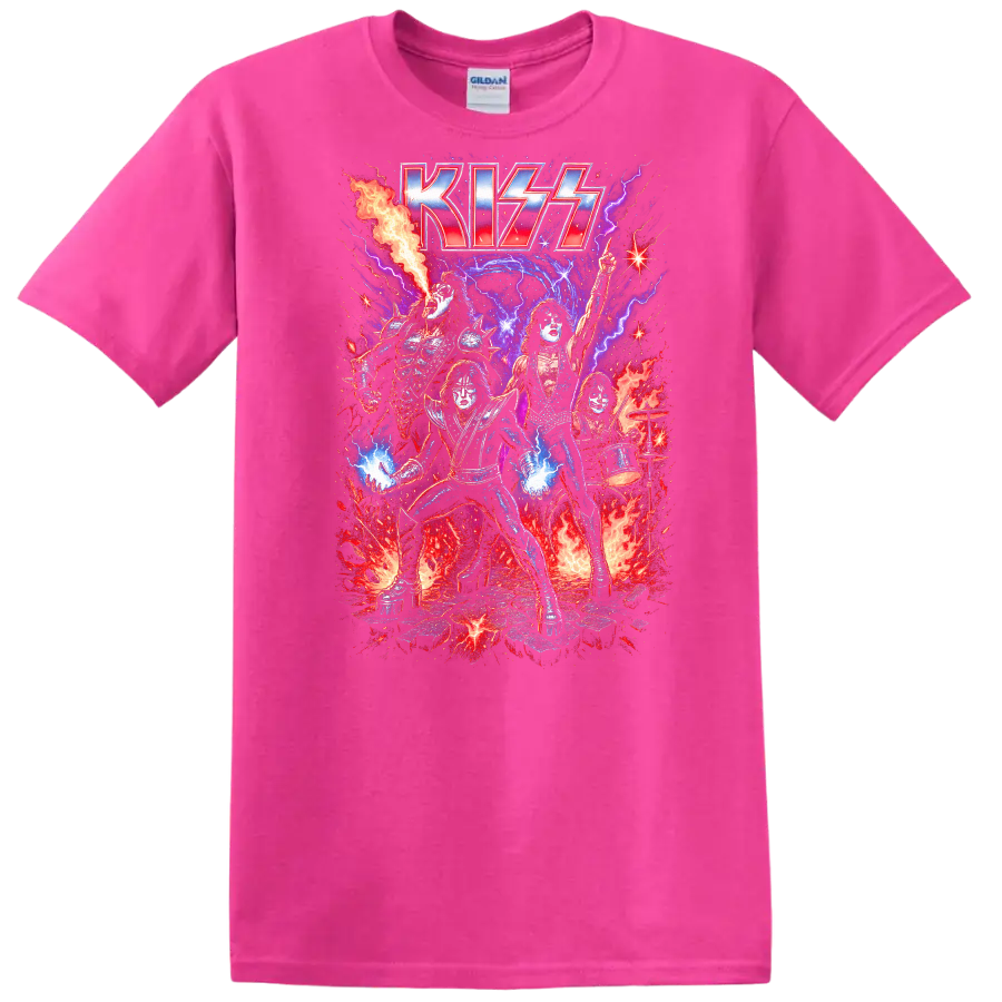 KISS Retro Heavy Metal Rock Band Album Cover Legend Style T Shirt - Safety Pink