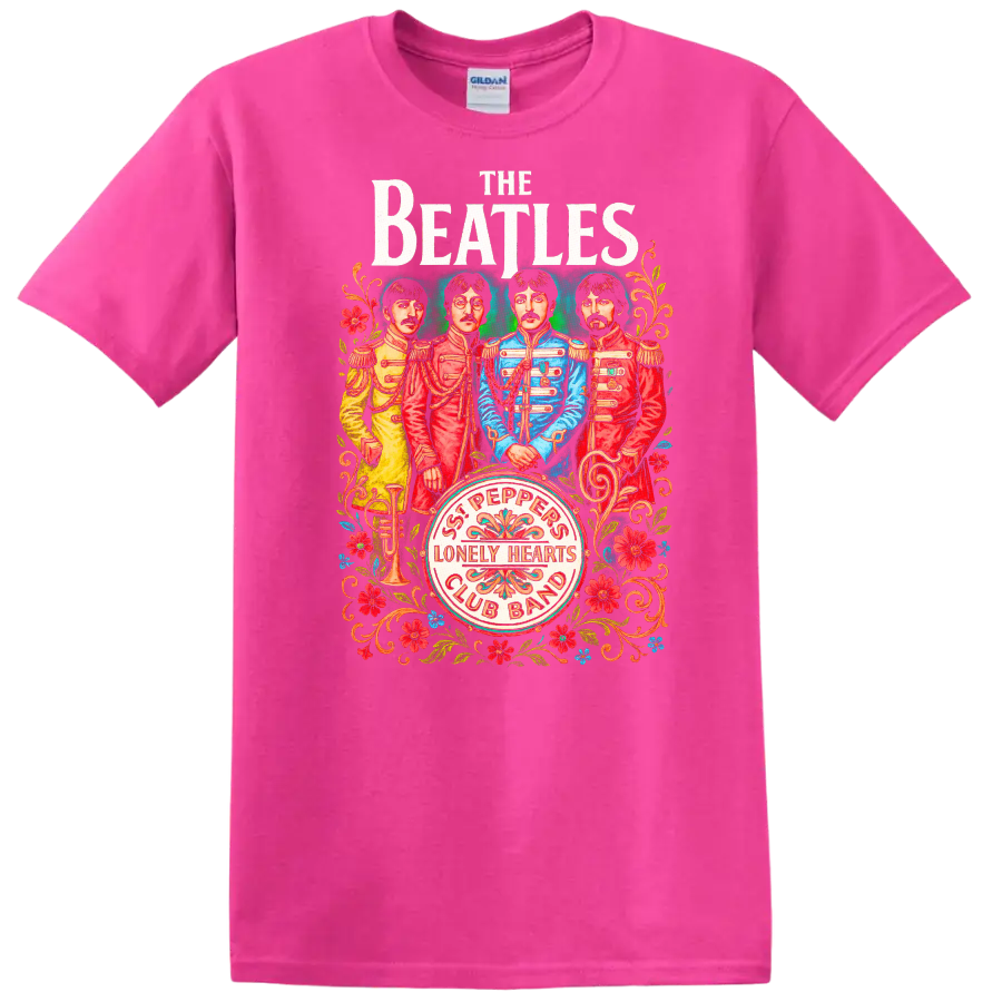 The Beatles Sgt. Pepper Inspired Retro Rock Legend T Shirt - Safety Pink