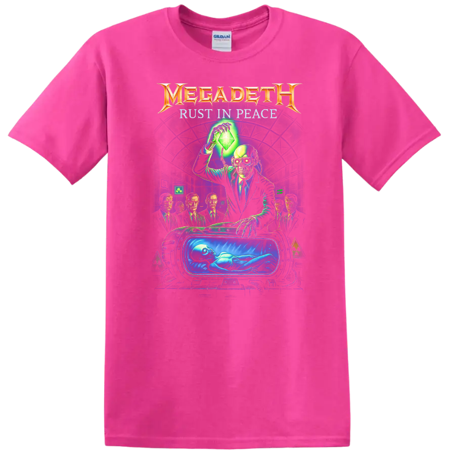 Megadeth Rust In Peace Retro Heavy Metal Album Art T Shirt - Safety Pink