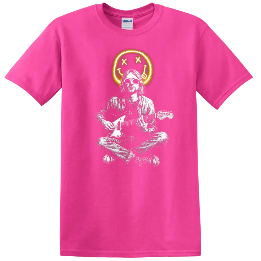 Retro Rock Heavy Metal Nirvana Style Guitar Player T Shirt - Safety Pink