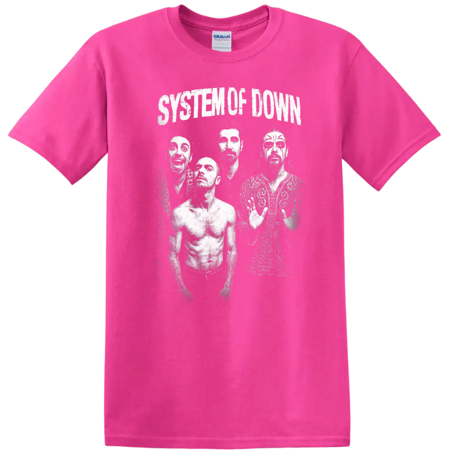 System Of Down Retro Rock Heavy Metal Band Album Cover Style T Shirt - Safety Pink