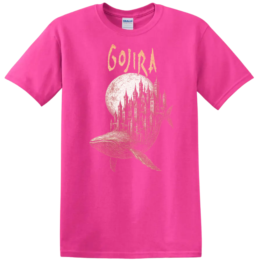 Retro Rock Whale Castle Heavy Metal Album Cover T Shirt - Safety Pink