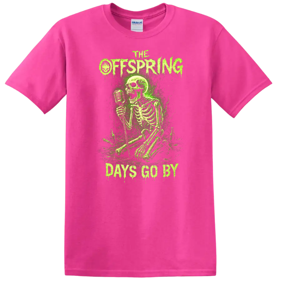 The Offspring Days Go By Green Skeleton Retro Rock T Shirt - Safety Pink