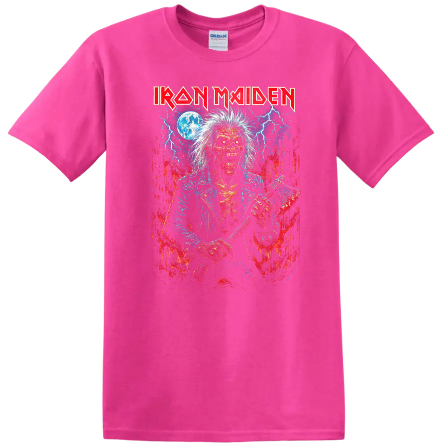 Iron Maiden Retro Heavy Metal Album Art Distressed T Shirt - Safety Pink