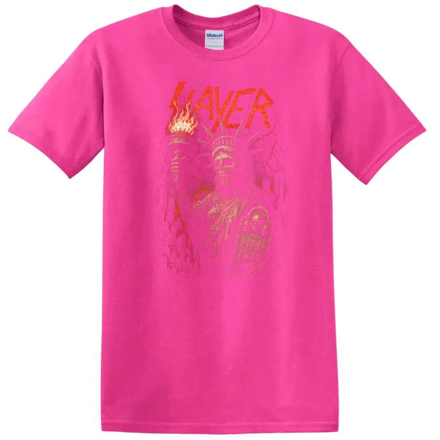 Retro Slayer Heavy Metal Album Art Skull Torch T Shirt - Safety Pink
