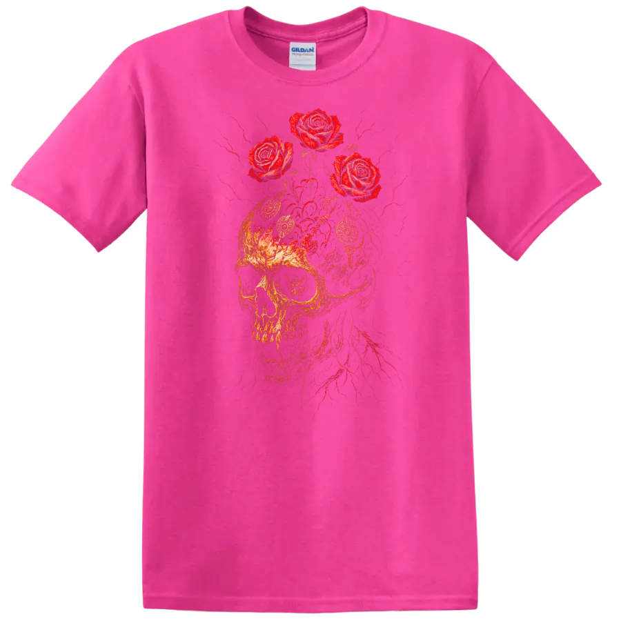 Retro Rock Skull and Roses Heavy Metal Graphic T Shirt - Safety Pink