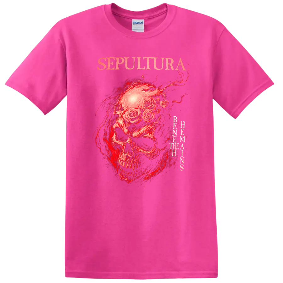 Sepultura Skull Roses Retro Heavy Metal Band Album Cover T Shirt - Safety Pink