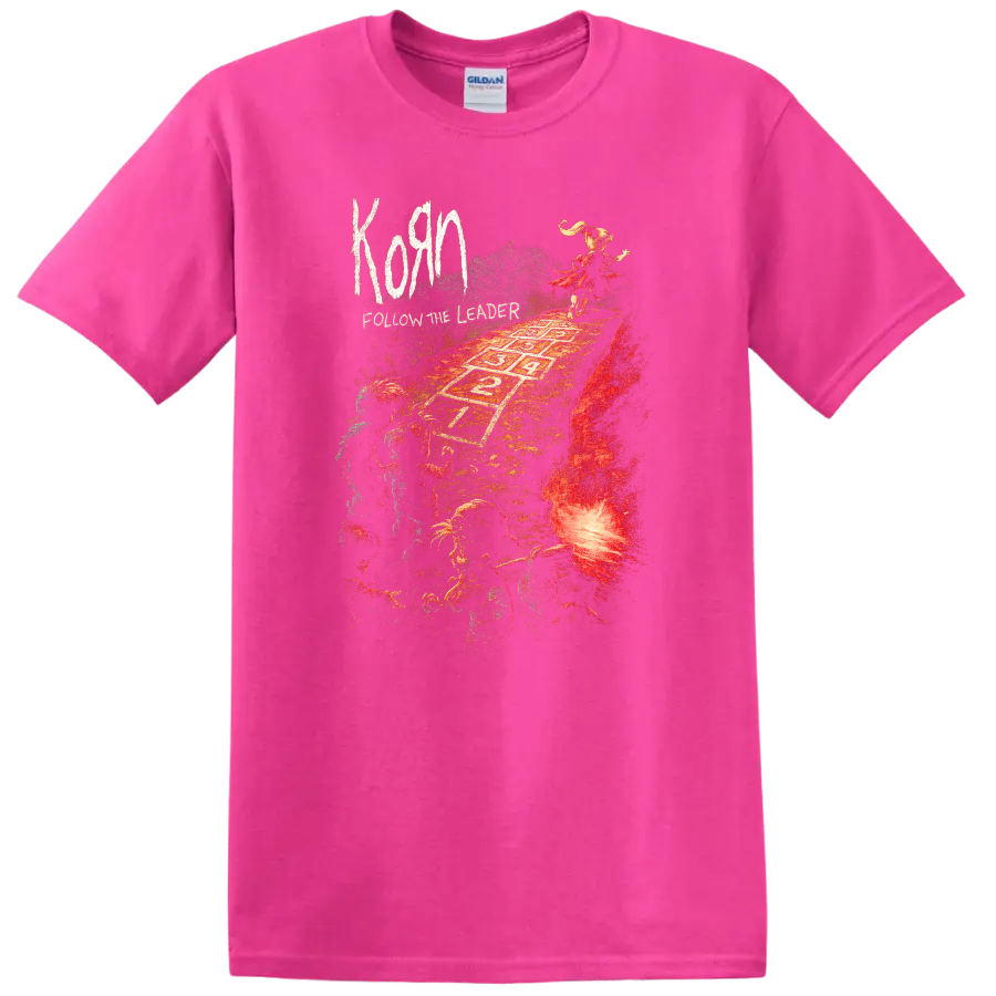 Korn Follow the Leader Retro Heavy Metal Album Art T Shirt - Safety Pink