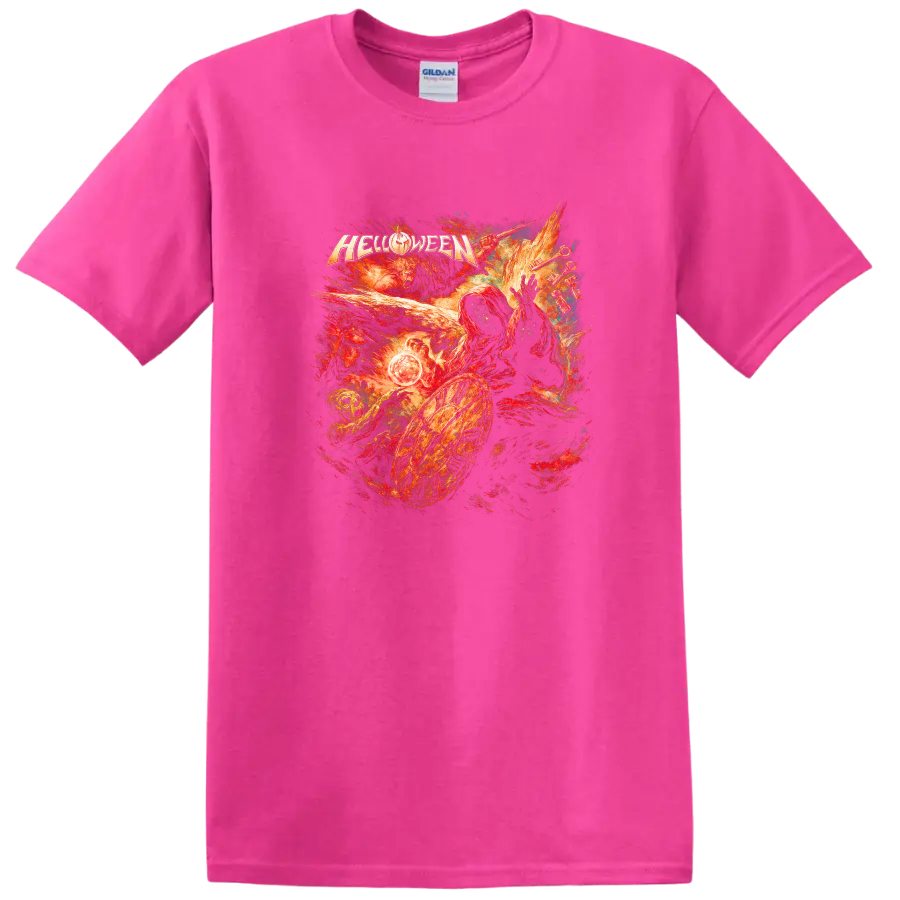 Retro Heavy Metal Helloween Album Cover Legend T Shirt for Rock Fans - Safety Pink