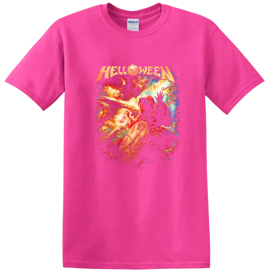 Halloween Heavy Metal Retro Rock Album Cover Style T Shirt - Safety Pink