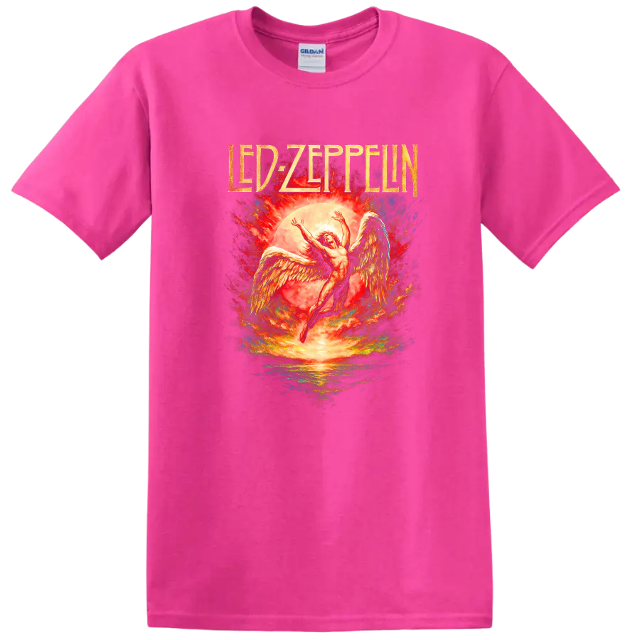 Led Zeppelin Retro Heavy Metal Album Cover Legend Style T Shirt - Safety Pink