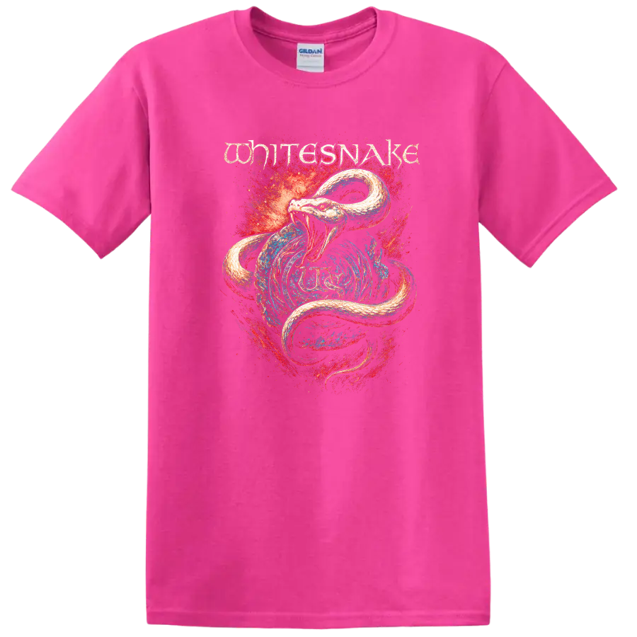 White Snake Retro Heavy Metal Album Cover Style T Shirt - Safety Pink