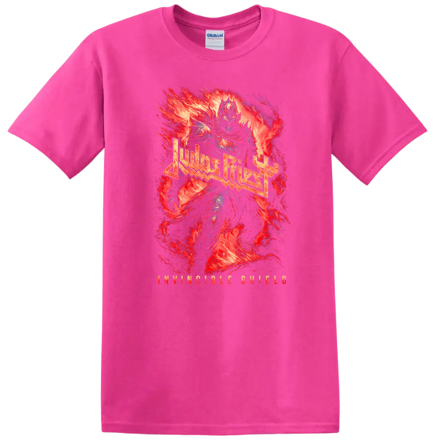 Judas Priest Heavy Metal Flame Art T Shirt Retro Rock Band Tribute - Safety Pink