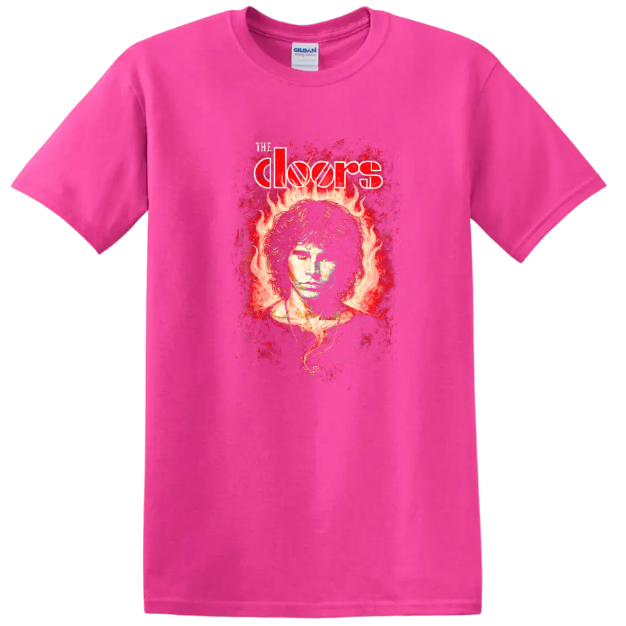 The Doors Retro Rock Flame Portrait Album Cover T Shirt - Safety Pink