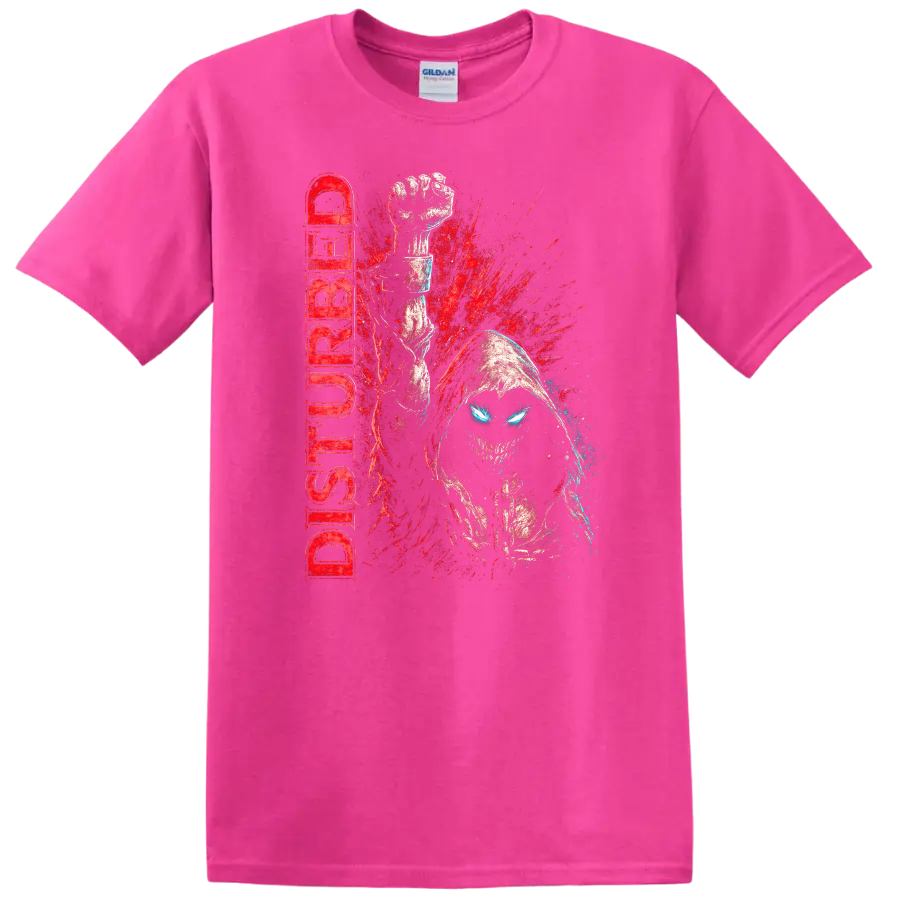 Disturbed Retro Heavy Metal Album Cover Style T Shirt for Rock Fans - Safety Pink