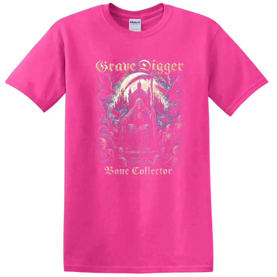 Grave Digger Gothic Skeleton Heavy Metal Band Style T Shirt - Safety Pink