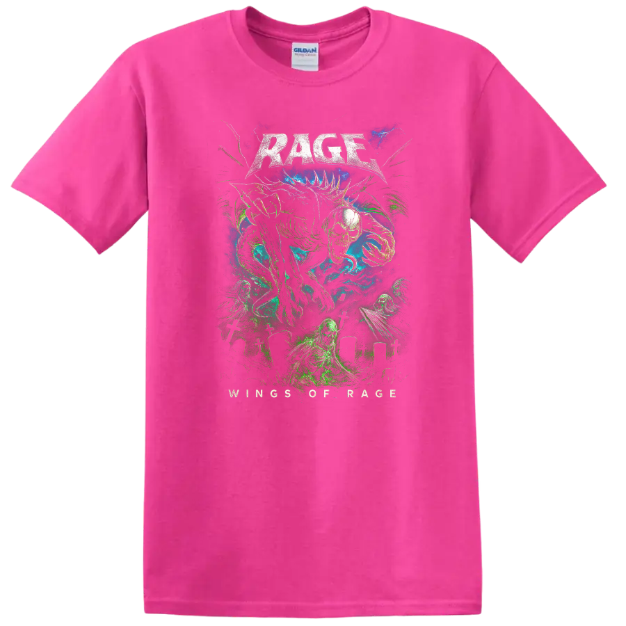 Rage Heavy Metal Album Cover Style Graphic T Shirt for Rock Fans - Safety Pink