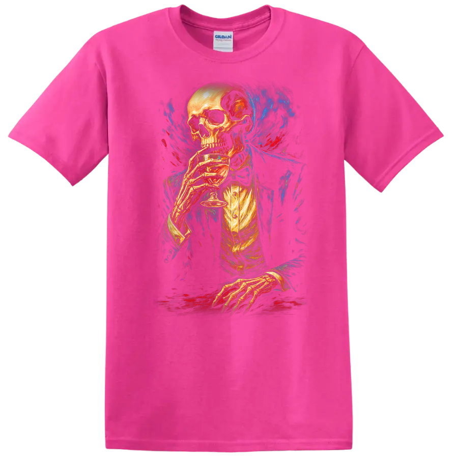 Vintage gothic skeleton in formal attire holding a drink amid blue and red painterly on a Safety Pink T Shirt