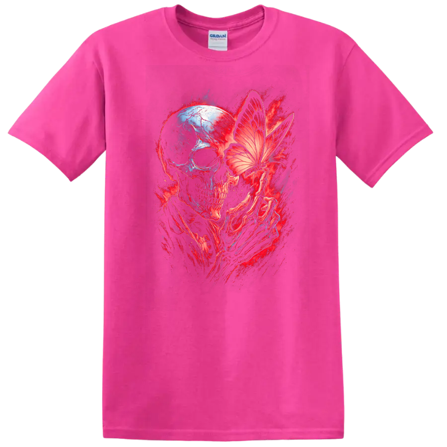 Gothic skull with skeletal hands holding a butterfly in red and blue dark art on a Safety Pink T Shirt