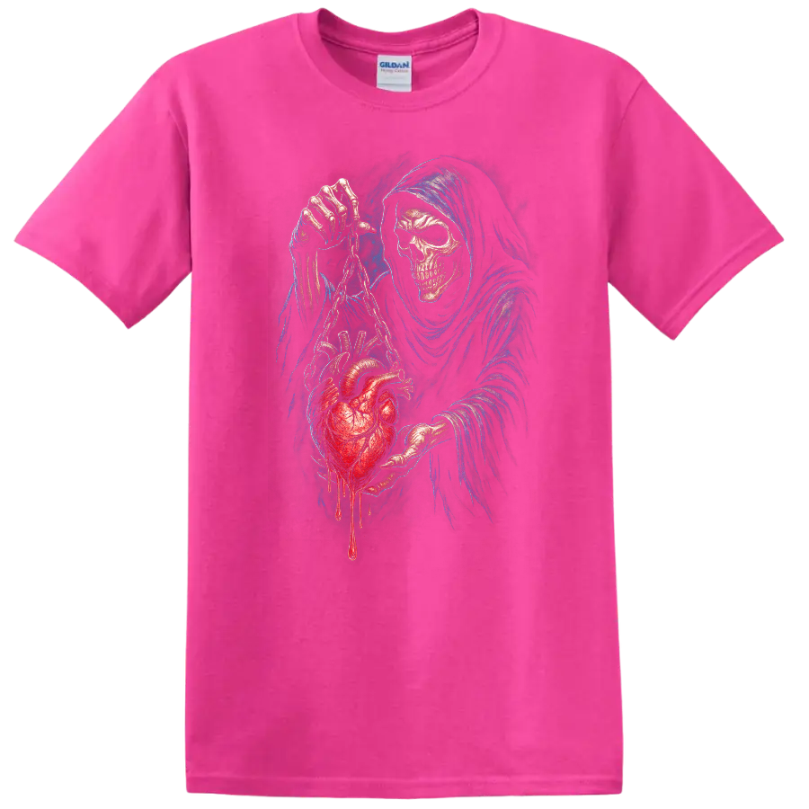 Grim Reaper skull holding a chained bleeding heart in detailed gothic horror art on a Safety Pink T Shirt